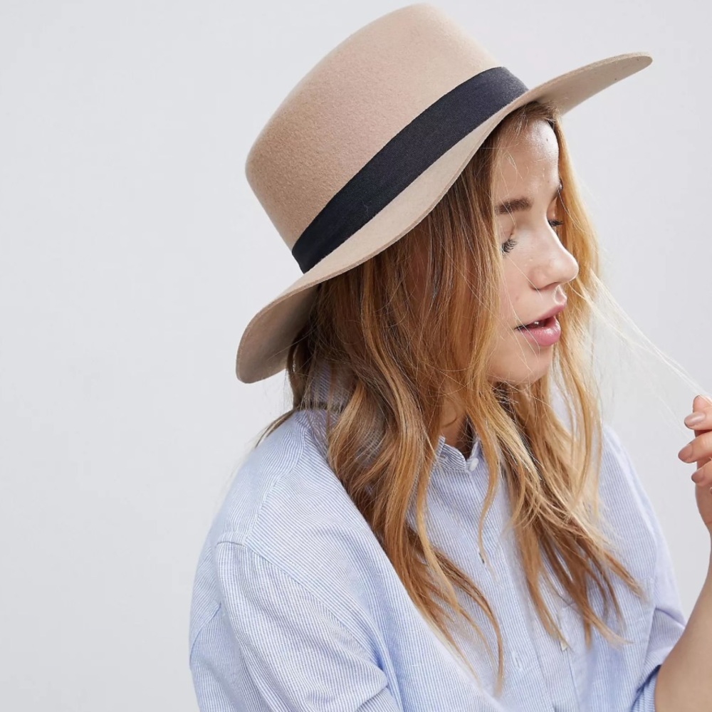 ASOS DESIGN felt boater hat in light camel with size adjuster